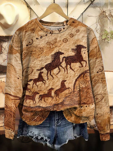 Horse Art Print Casual Cotton Sweatshirt