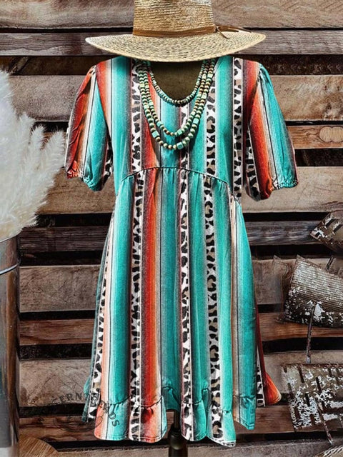 Women's Turquoise Classic West Stripes Print Pocket Cotton Dress