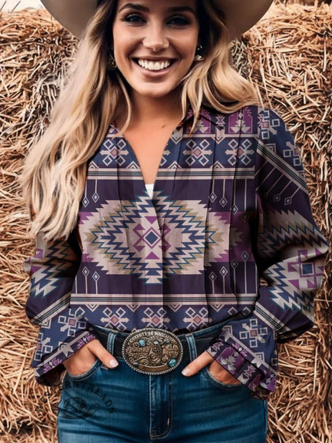 Women's Aztec Purple Print Casual Cotton And Linen Shirt