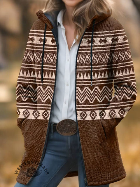 Aztec Print Unisex Plush Thick Long-Sleeved Cardigan Coat
