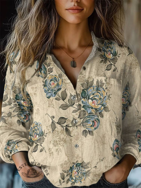Women's Floral Print Casual Long Sleeve Comfortable Cotton Shirt