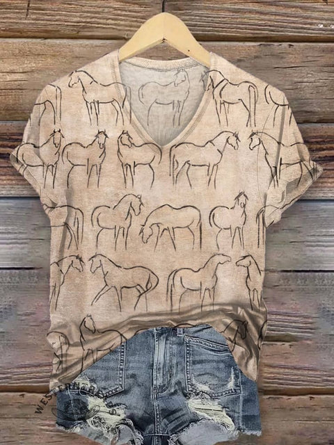 Women's Horse Art Print V-neck Casual T-Shirt