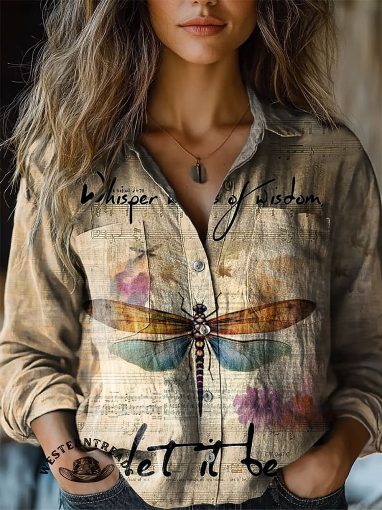 Women's Retro Whisper Words Of Wisdom Print Casual Long Sleeve Comfortable Cotton Shirt