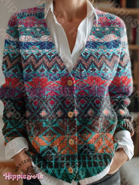Women's Bohemian-Style Art Print V-Neck Cardigan Sweater
