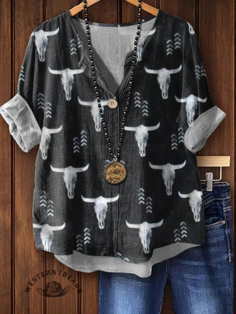 Women's Western Bull Skull Print Casual Cotton Linen Shirt