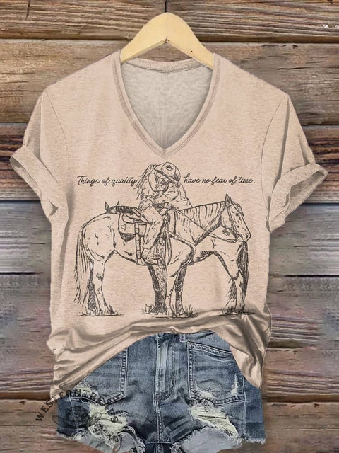Women's Cowboy Print V-neck Casual T-Shirt
