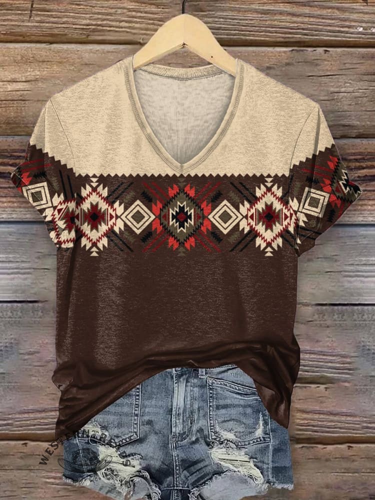 Aztec Print Women's V-neck Casual T-Shirt