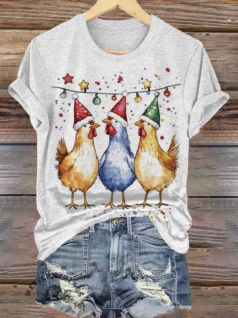 Christmas Chicken Print T-shirt