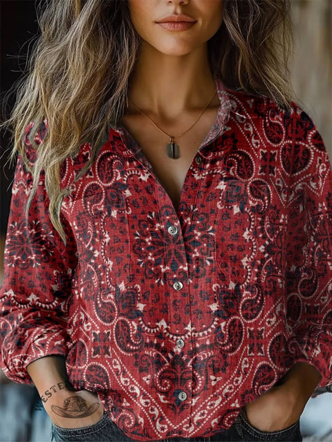 Women's Red Paisley Print Casual Long Sleeve Comfortable Cotton Shirt