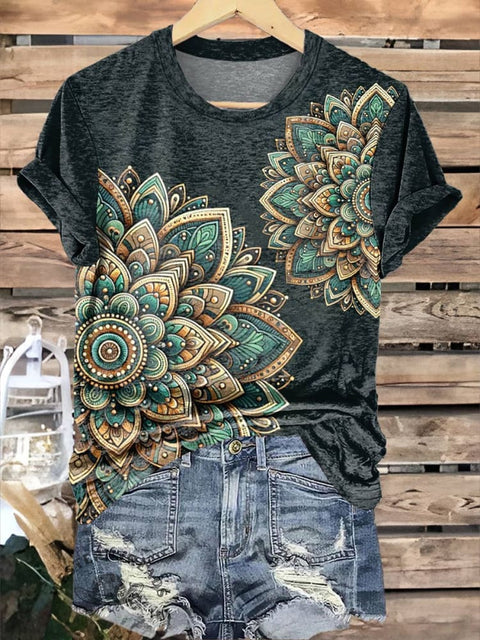 Green Flower Print T-shirt