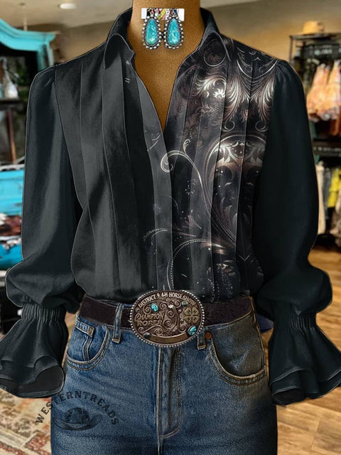 Women's Black Print Casual Cotton And Linen Shirt