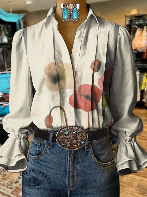 Women's Flower Print Casual Cotton And Linen Shirt