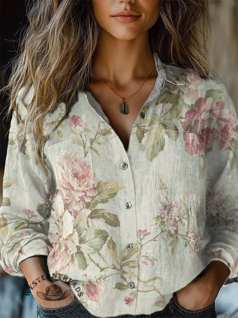 Women's Floral Print Casual Long Sleeve Comfortable Cotton Shirt