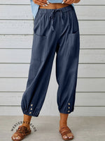 Solid Color Casual With Pocket Buttons Cotton Linen Trousers Pants