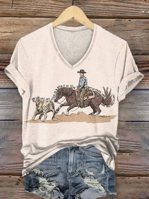 Women's Cowboy Print V-neck Casual T-Shirt