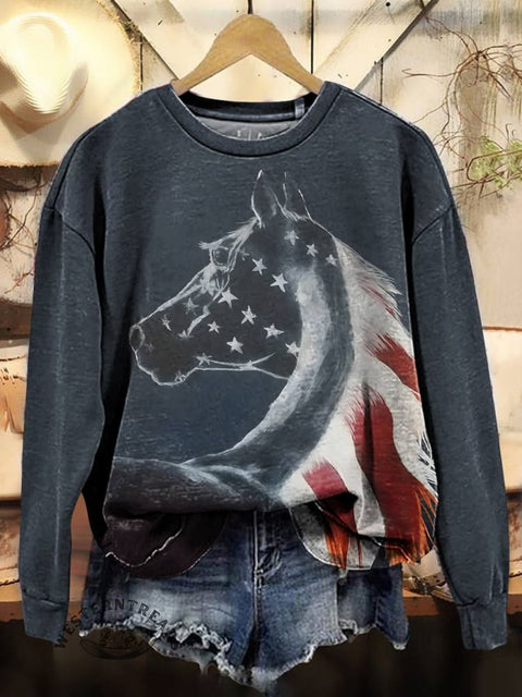 Horse Art Print Casual Cotton Sweatshirt