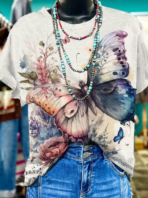 Flower Butterfly Print T-shirt