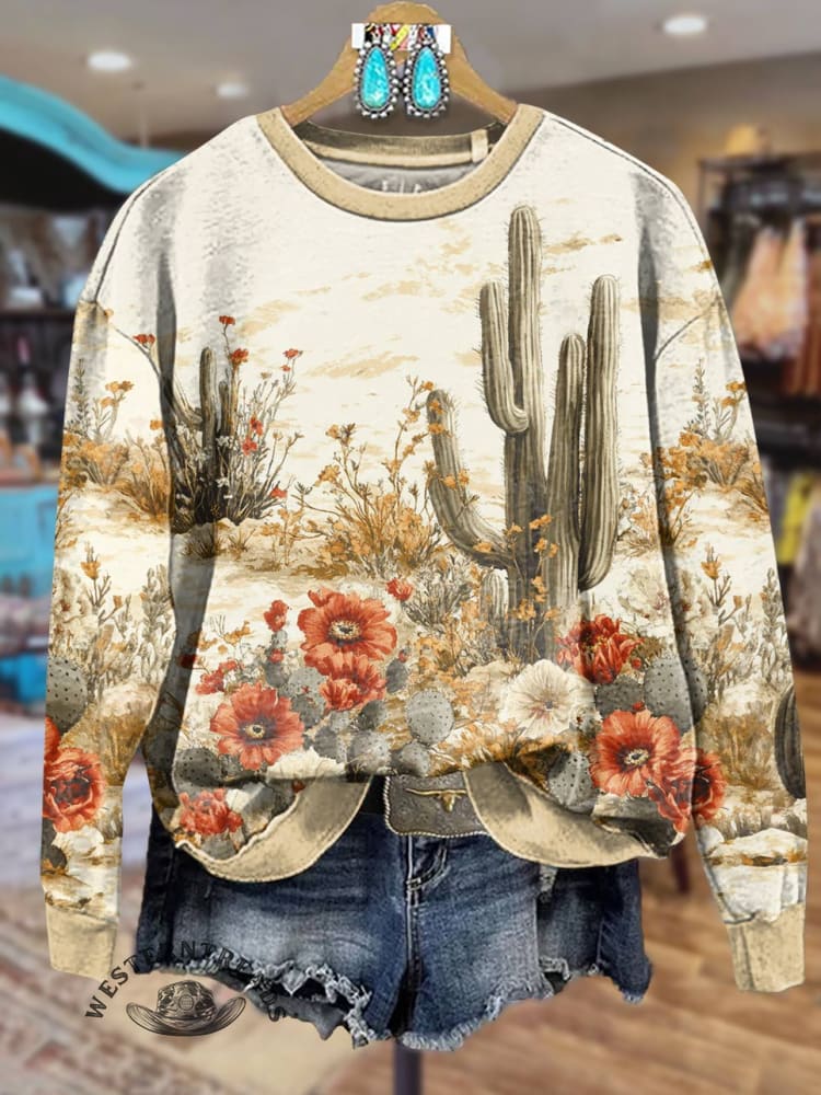 Cactus Print Casual Cotton Sweatshirt
