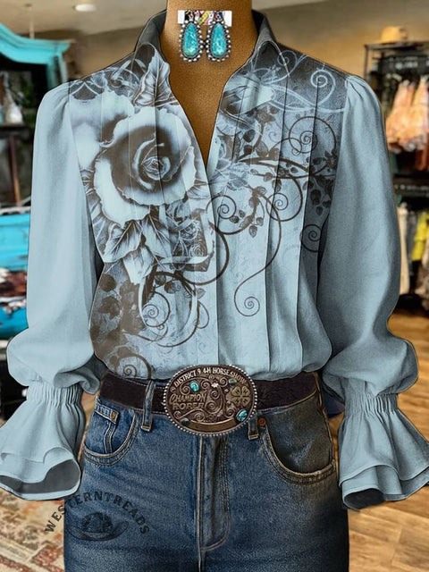 Women's Blue Floral Print Casual Cotton And Linen Shirt