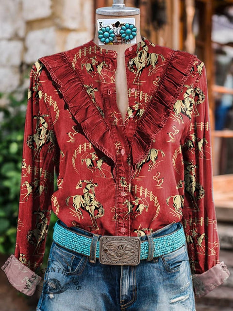 Women's Red Rodeo Print Casual Cotton And Linen Shirt