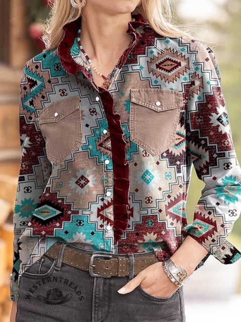 Women's Aztec Print Casual Long Sleeve Comfortable Cotton Shirt