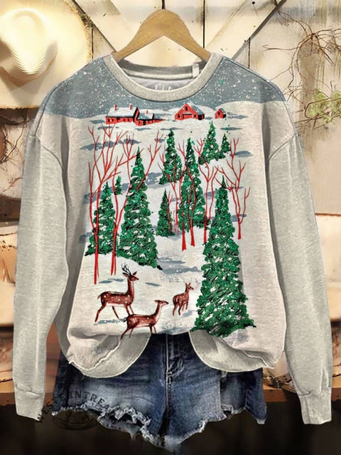 Christmas Art Print Casual Cotton Sweatshirt