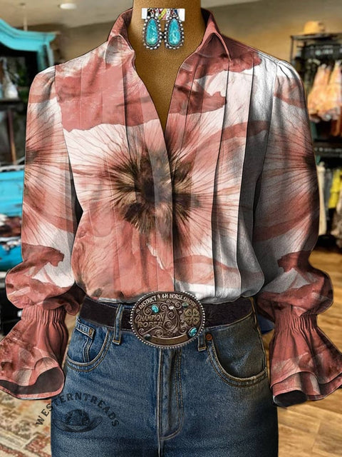 Women's Flower Print Casual Cotton And Linen Shirt