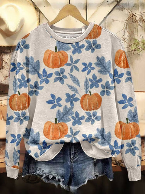 Pumpkin Print Casual Cotton Sweatshirt