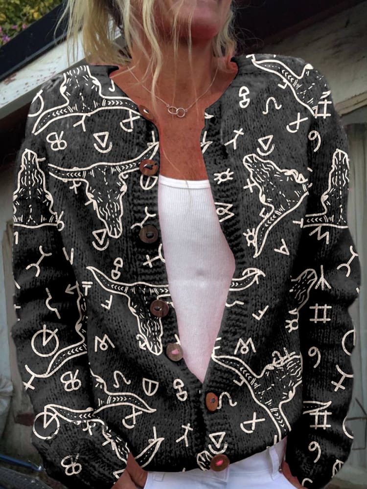 Cattle Brands Print Buttoned Cardigan Sweater