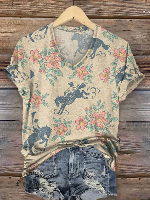 Classic West Print Women's V-neck Casual T-Shirt