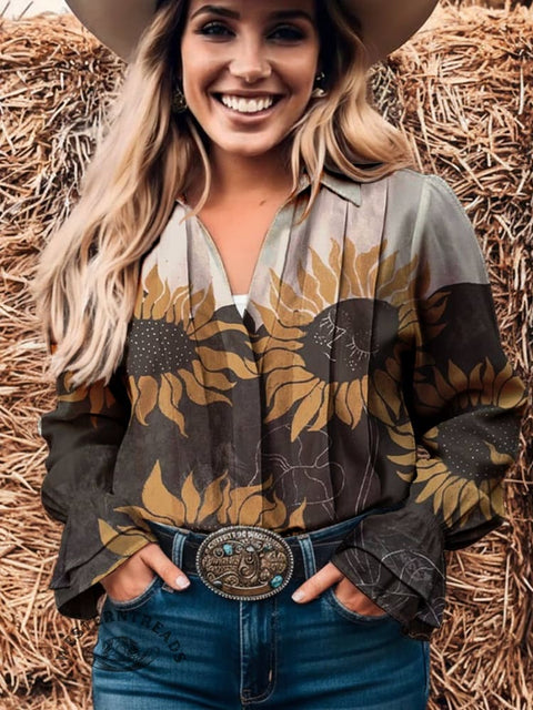 Women's Sunflower Print Casual Cotton And Linen Shirt
