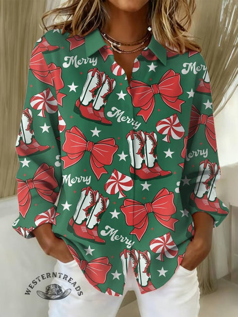 Women's Merry Christmas Print Casual Cotton Shirt