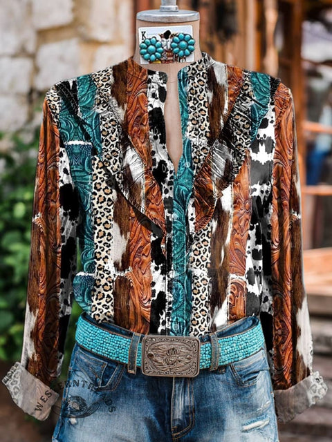Women's Classic West Print Casual Cotton And Linen Shirt