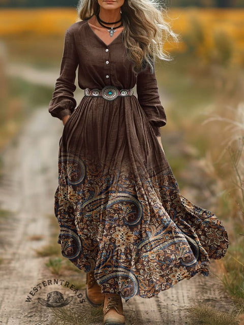 Women's Paisley Print V-Neck Button Pocket Cotton Dress