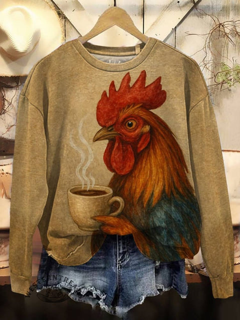 The Coffee-drinking Chicken Print Casual Cotton Sweatshirt