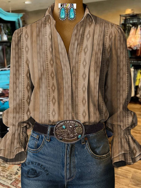 Women's Khaki Aztec Print Casual Cotton And Linen Shirt
