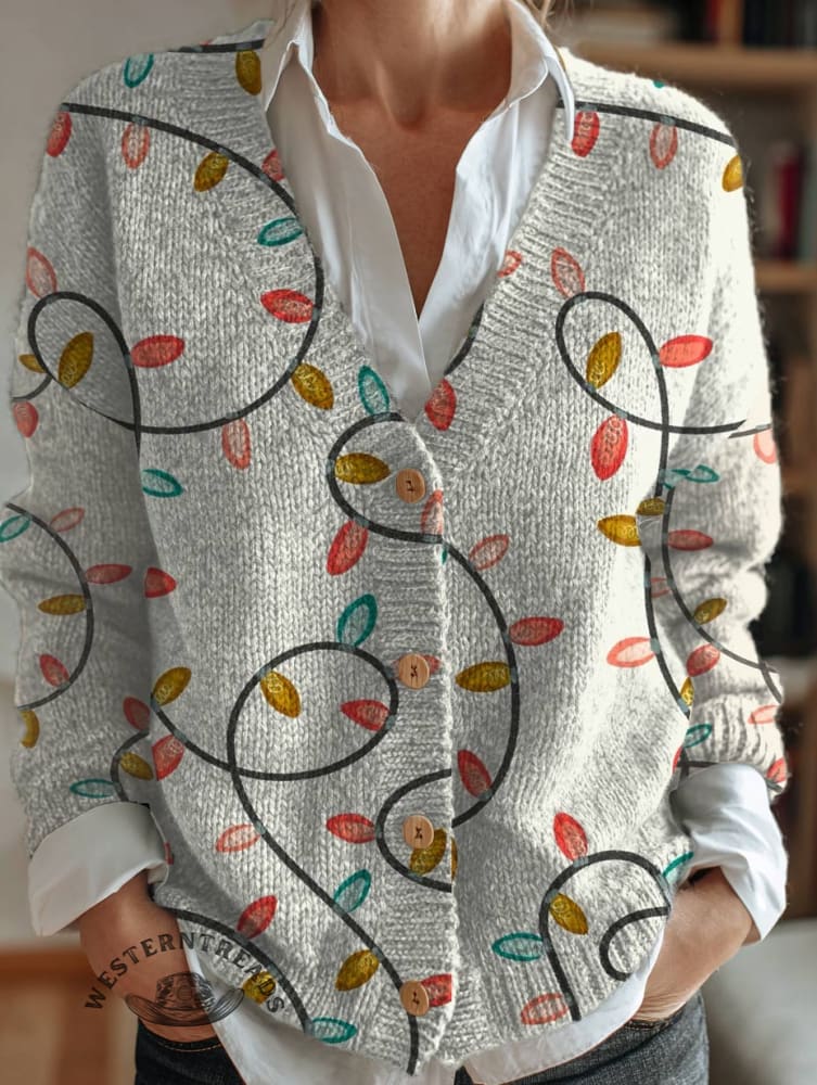 Christmas Lights Print Buttoned V-neck Cardigan Sweater