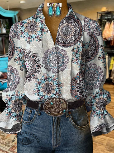 Women's Mandala Print Casual Cotton And Linen Shirt