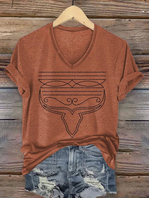 Women's Cattle Brands Print V-neck Casual T-Shirt