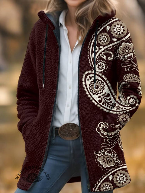 Paisley Print Unisex Plush Thick Long-Sleeved Cardigan Coat