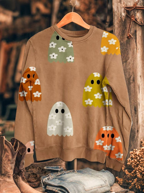 Cute Ghost Print Casual Cotton Sweatshirt