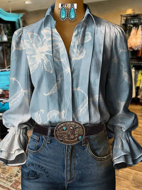 Women's Flower Print Casual Cotton And Linen Shirt