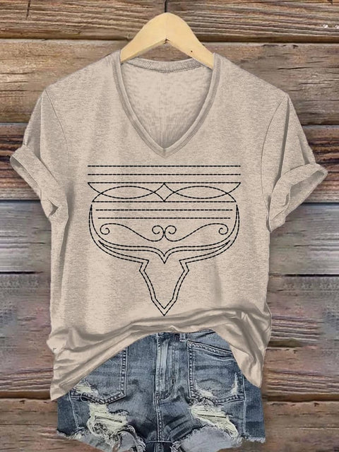 Women's Cattle Brands Print V-neck Casual T-Shirt