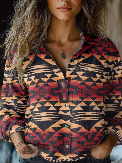 Women's Classic West Geometric Ethnic Print Casual Long Sleeve Comfortable Cotton Shirt