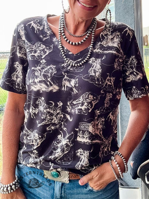 Retro Western Art Print Casual Short Sleeve T-shirt