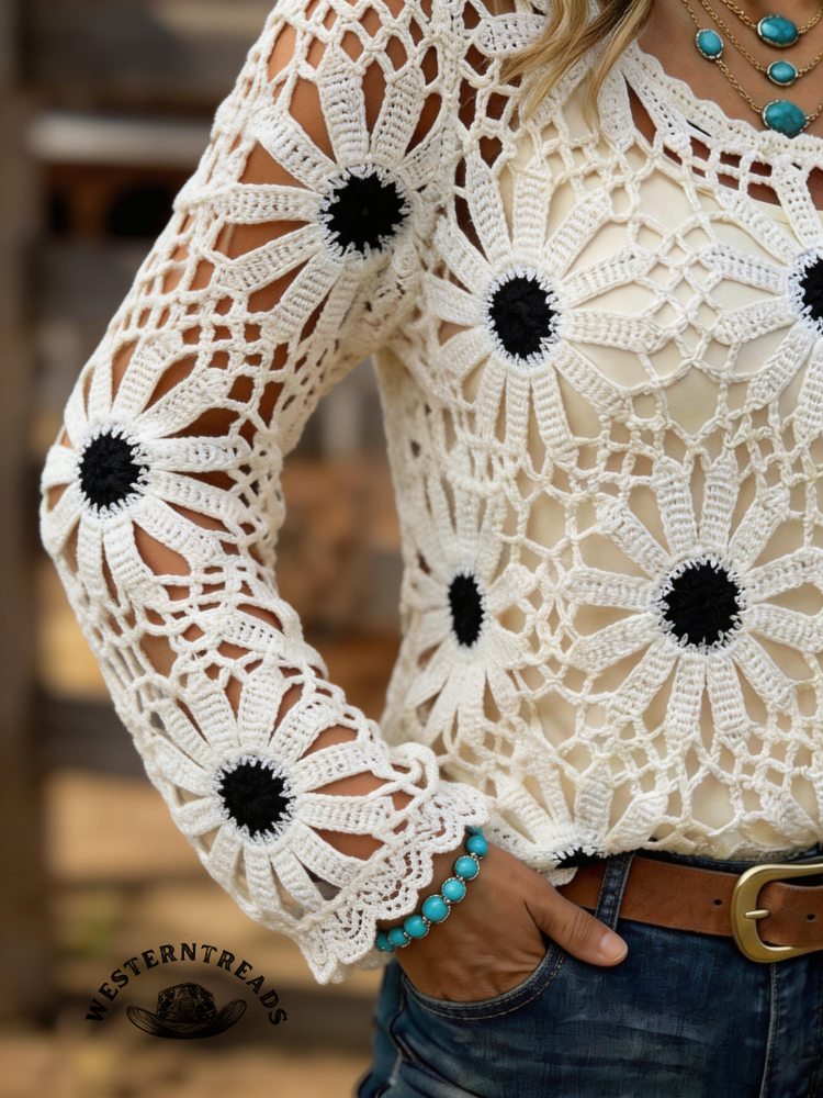 Vintage Western Art Soft Casual Crocheted Flowers Shirt