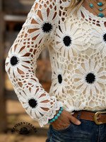 Vintage Western Art Soft Casual Crocheted Flowers Shirt