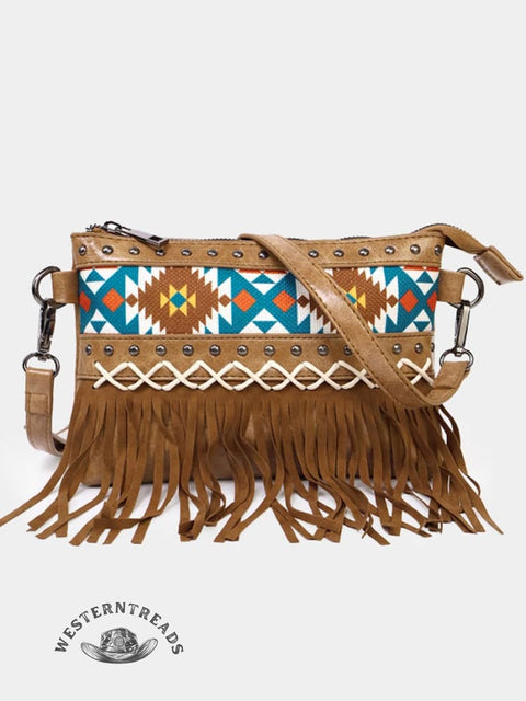 PU Genuine Leather Printed Bohemian Fringed Crossbody Bag
