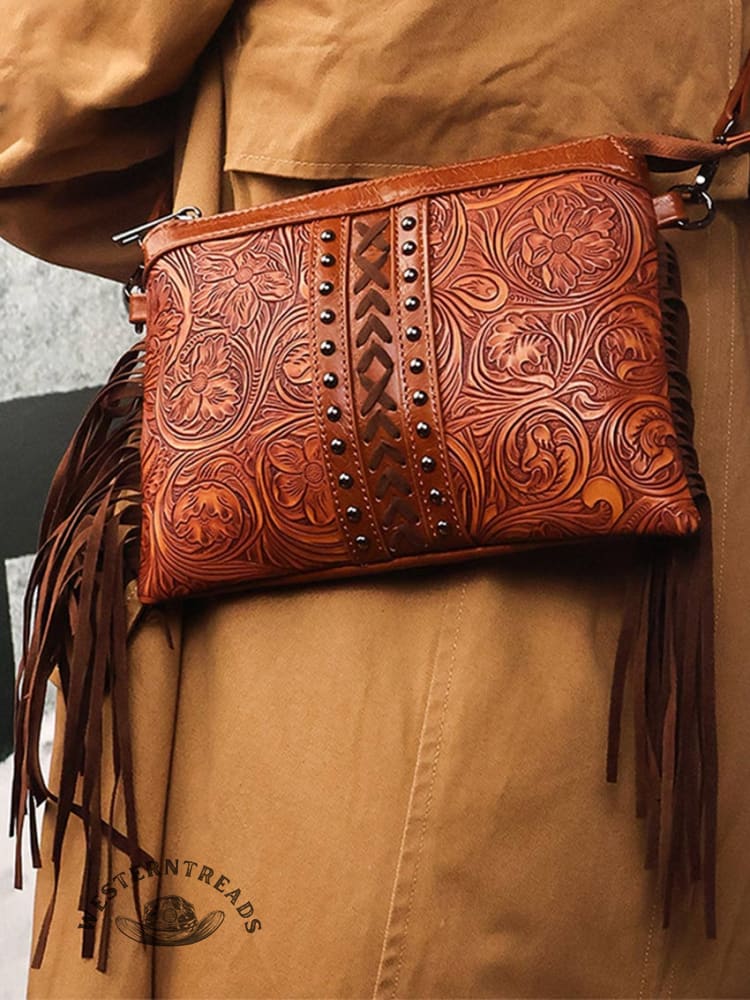 PU Genuine Leather Printed Bohemian Fringed Crossbody Bag