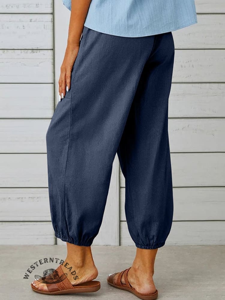 Solid Color Casual With Pocket Buttons Cotton Linen Trousers Pants